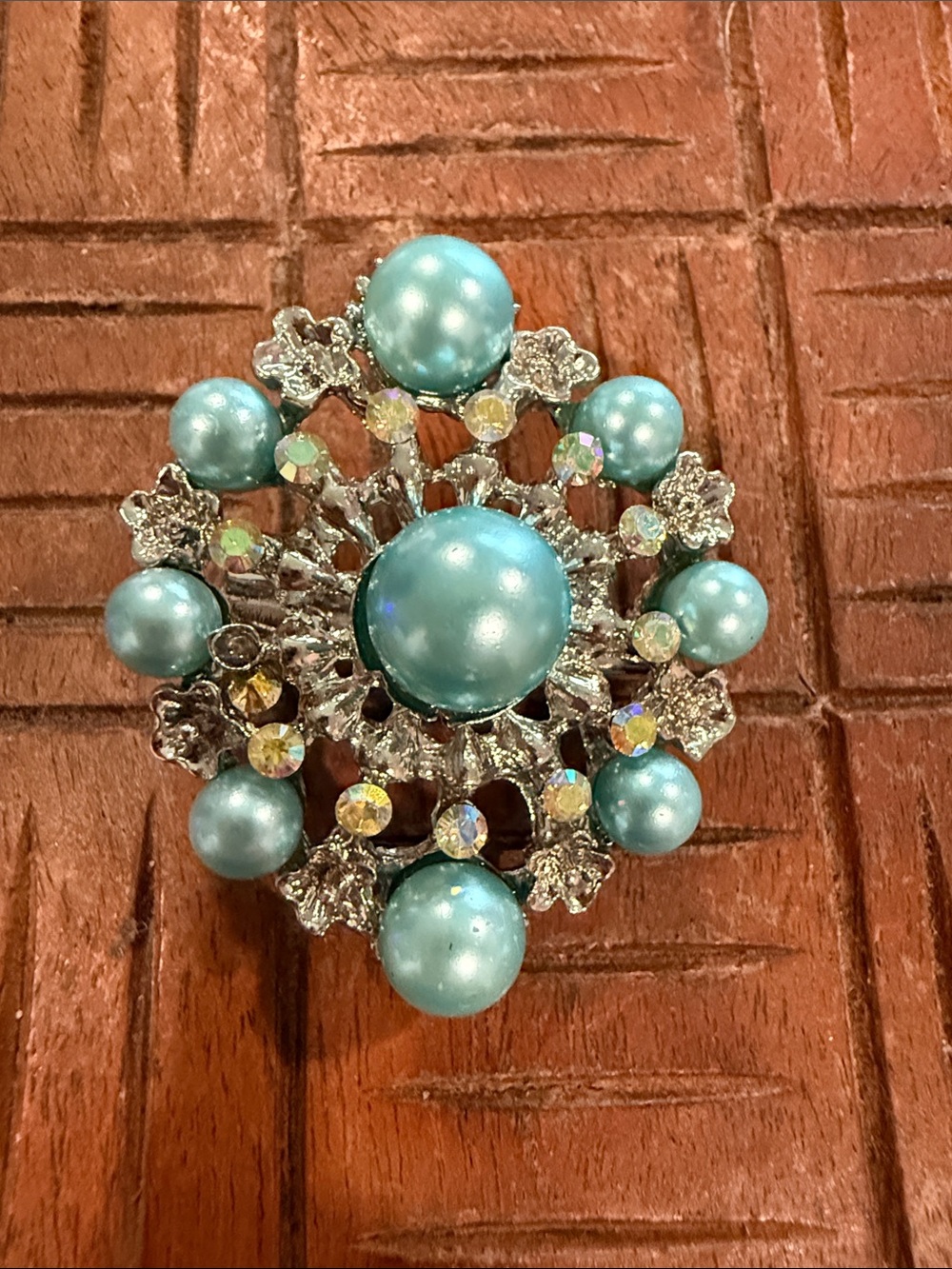 Vintage Elegant Turquoise Faux Pearl Floral Brooch *missing 1 rhinestone*